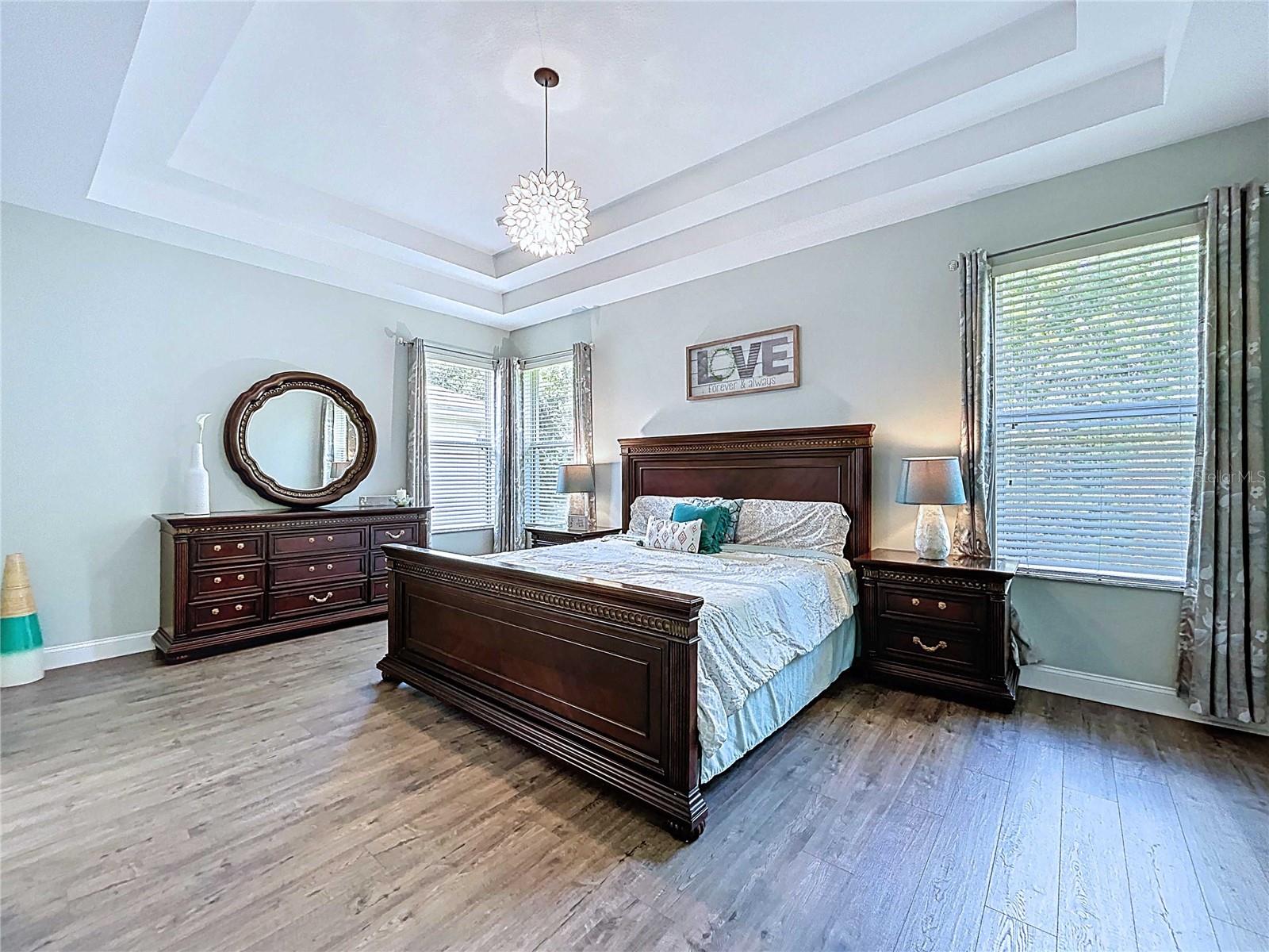 Primary bedroom featuring double tray ceiling