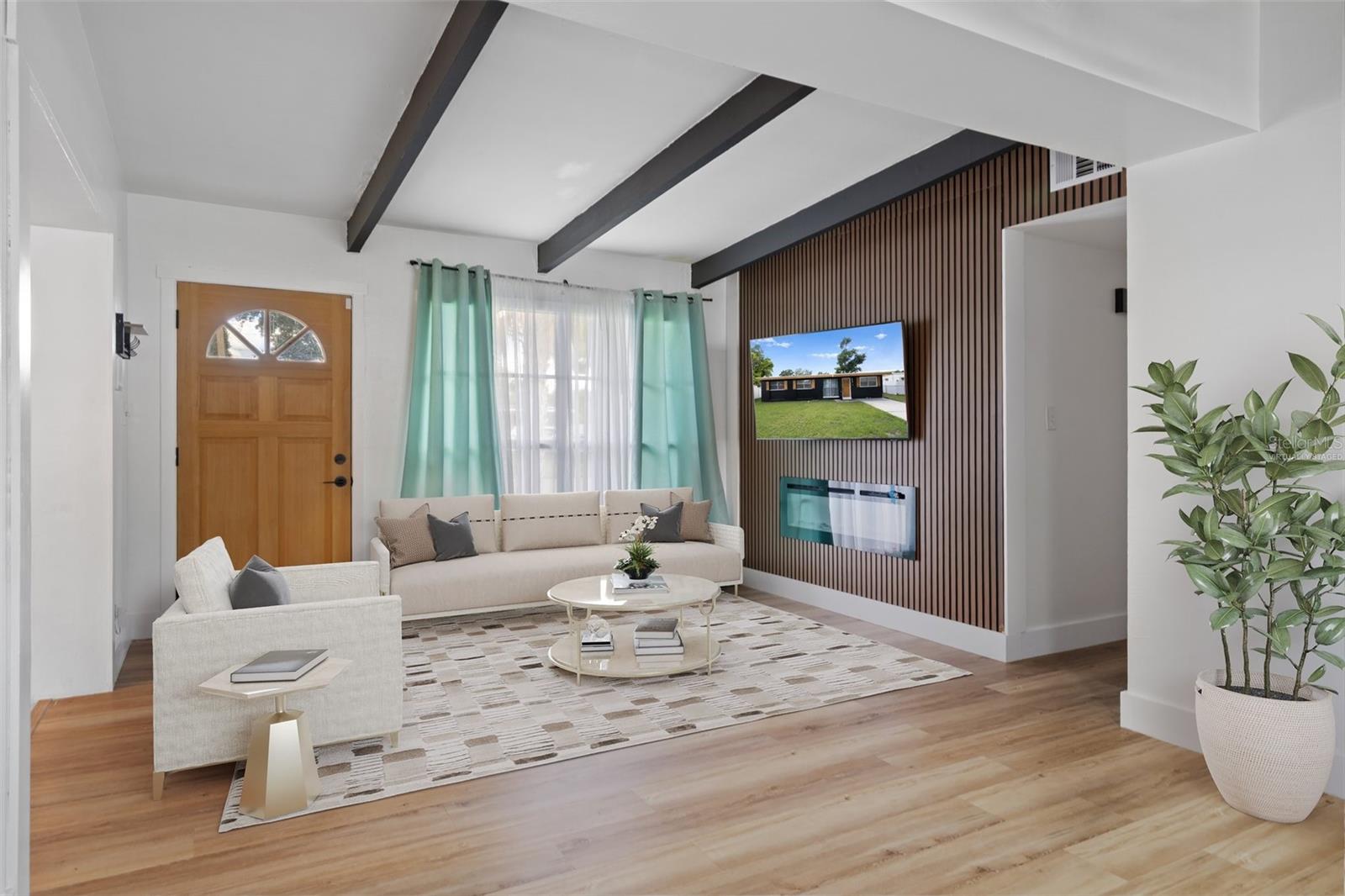 virtually staged living room sound absorbing slat wall