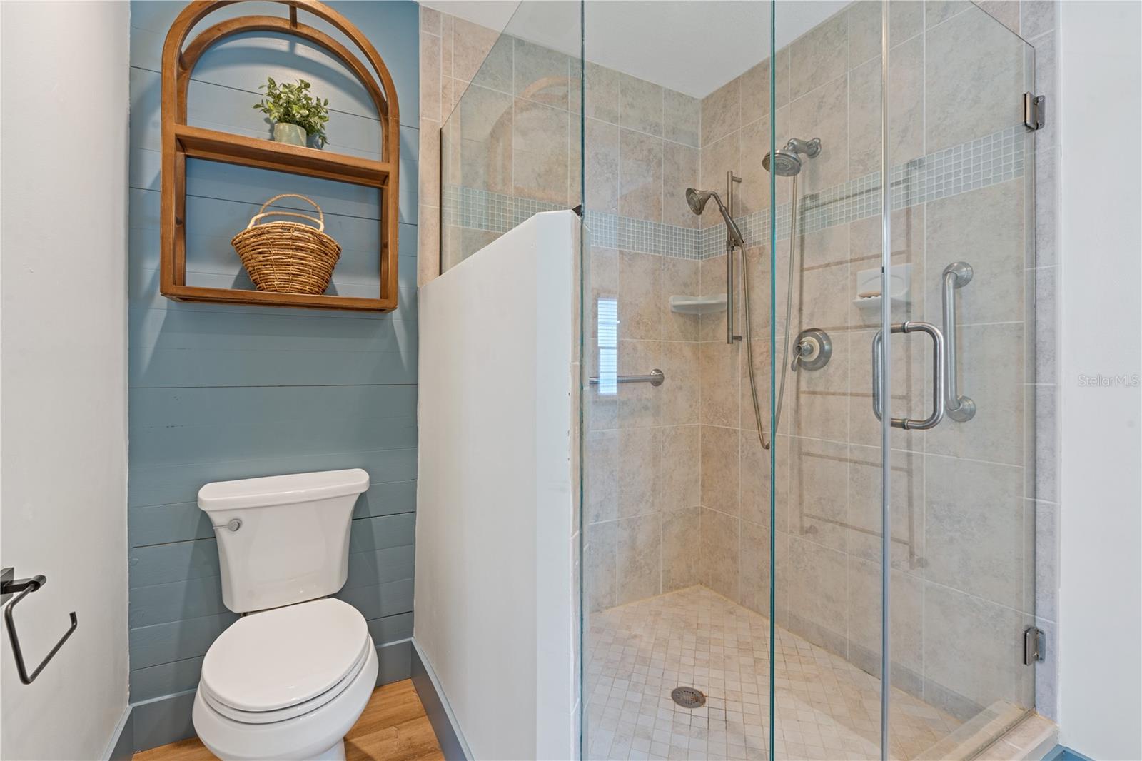 Primary Bathroom with large walk in Shower and dual shower heads.