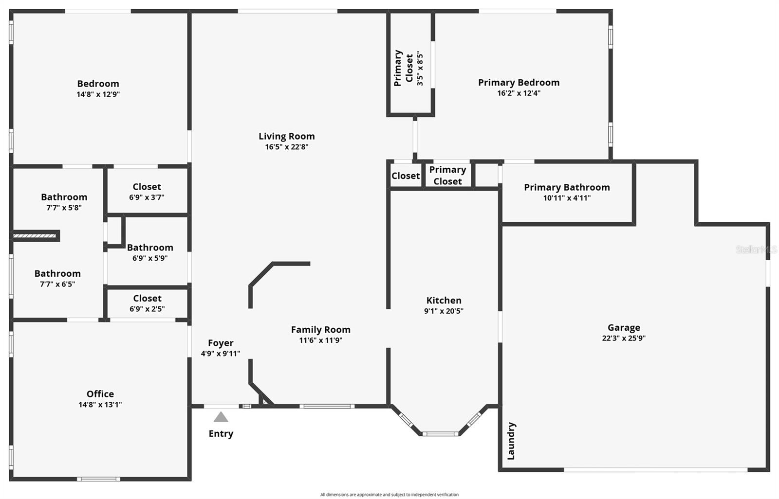 Before we go inside, here is the floor plan. The location named "Family Room" is actually the formal dining room. Bedroom #2, on your left,  is currently being used as an office. You should also notice the extra storage area in the garage here. (The area to the right of the Primary Bathroom.)
