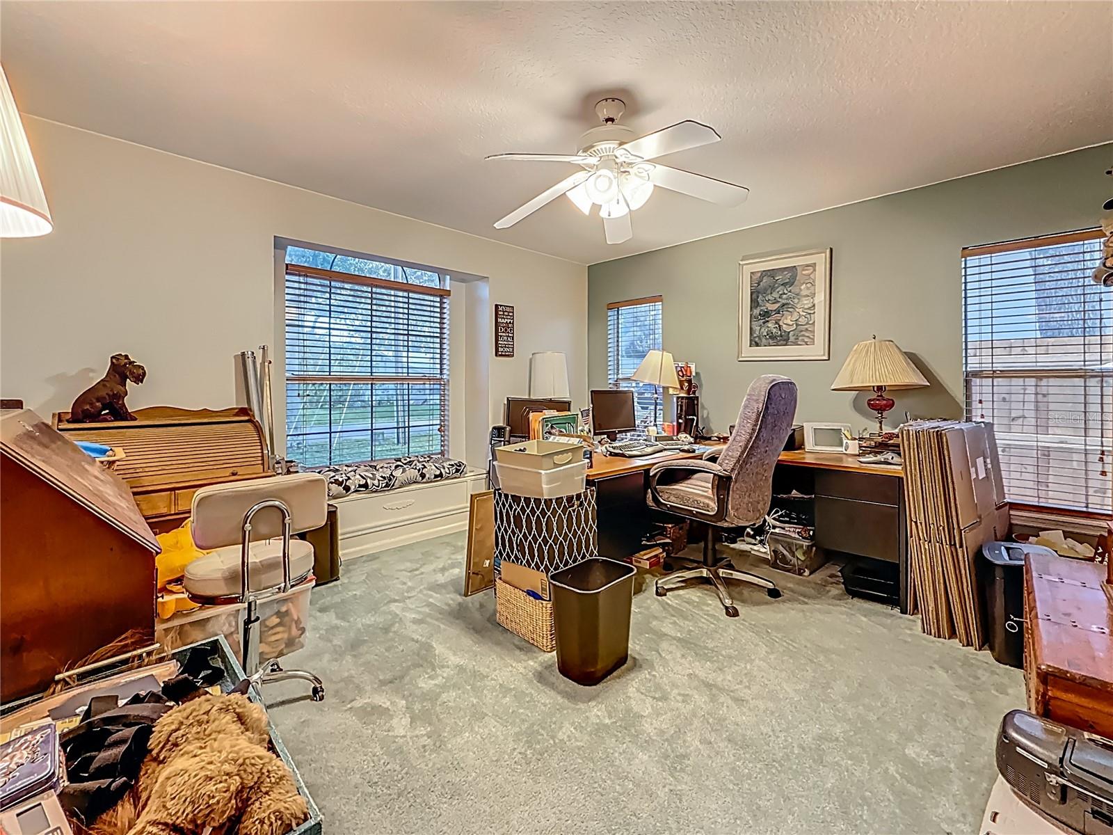 Now you are near the front door at the entrance to Bedroom 2. Comfortably sized 14.1 x 13.8!  Notice the window seat? Under the cushion is storage. We can never have enough storage, can we? Also, the blinds are 2" wood blinds.