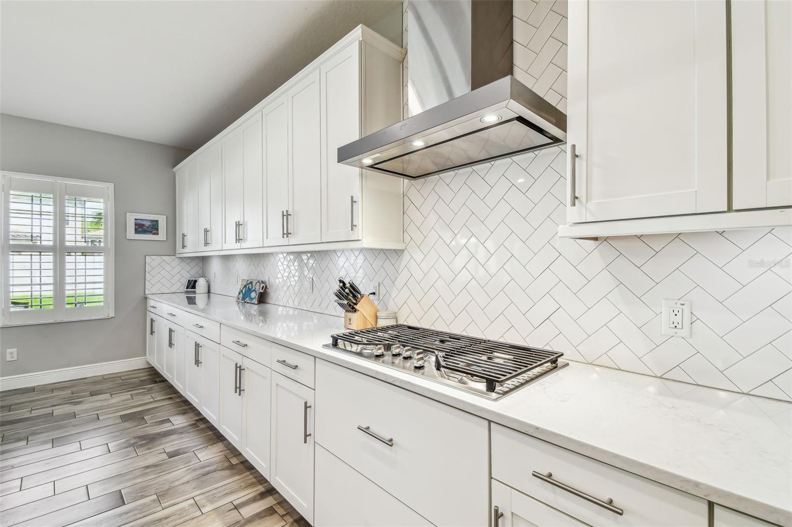 Upgraded Gourmet Kitchen w/Gas Range, SS Appliances & Hood, Built-in Oven & Microwave, Extended Cabinets, Ultra Island, Tile Backsplash, Quartz Countertops, R/O Water Filtration, Walk-in Pantry, & Plantation Shutters
