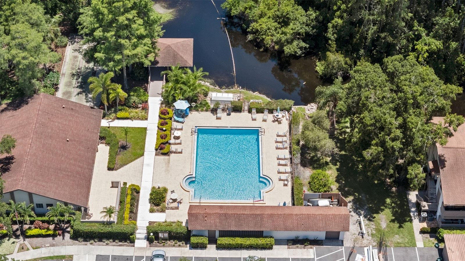 Aerial view of pool and clubhouse