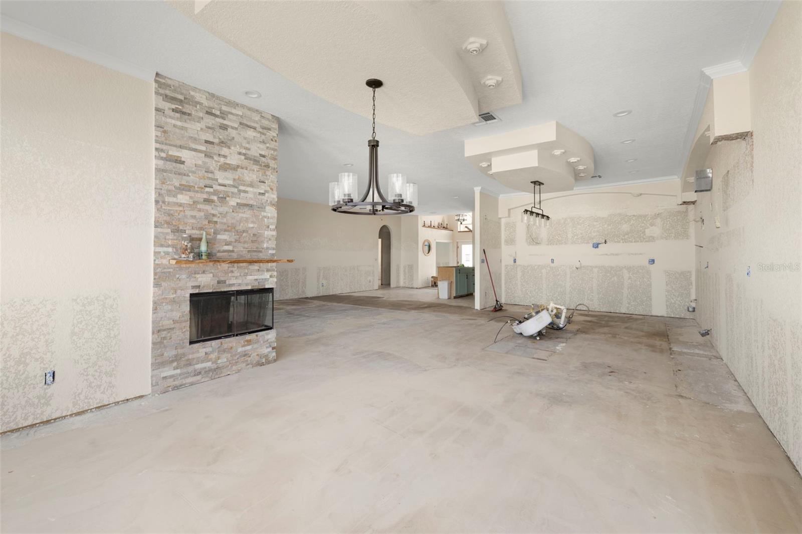 Kitchen and fireplace