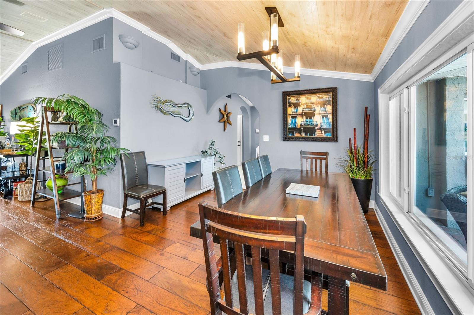 Formal dining area with lake views