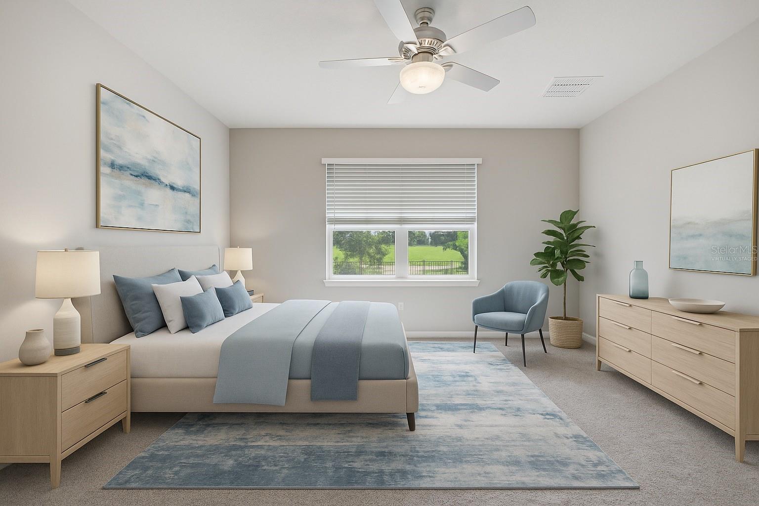 Virtually Staged Primary Bedroom overlooking beautiful backyard