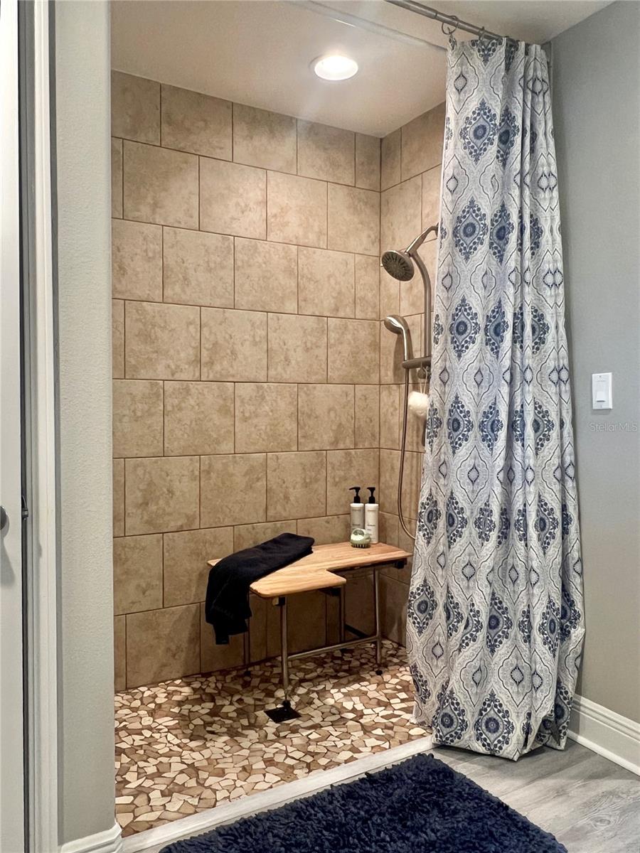 Here's the walk-in shower with a bench seat that folds up when desired.