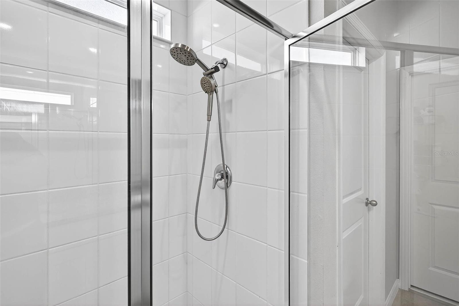 Walk in shower in the primary bath.