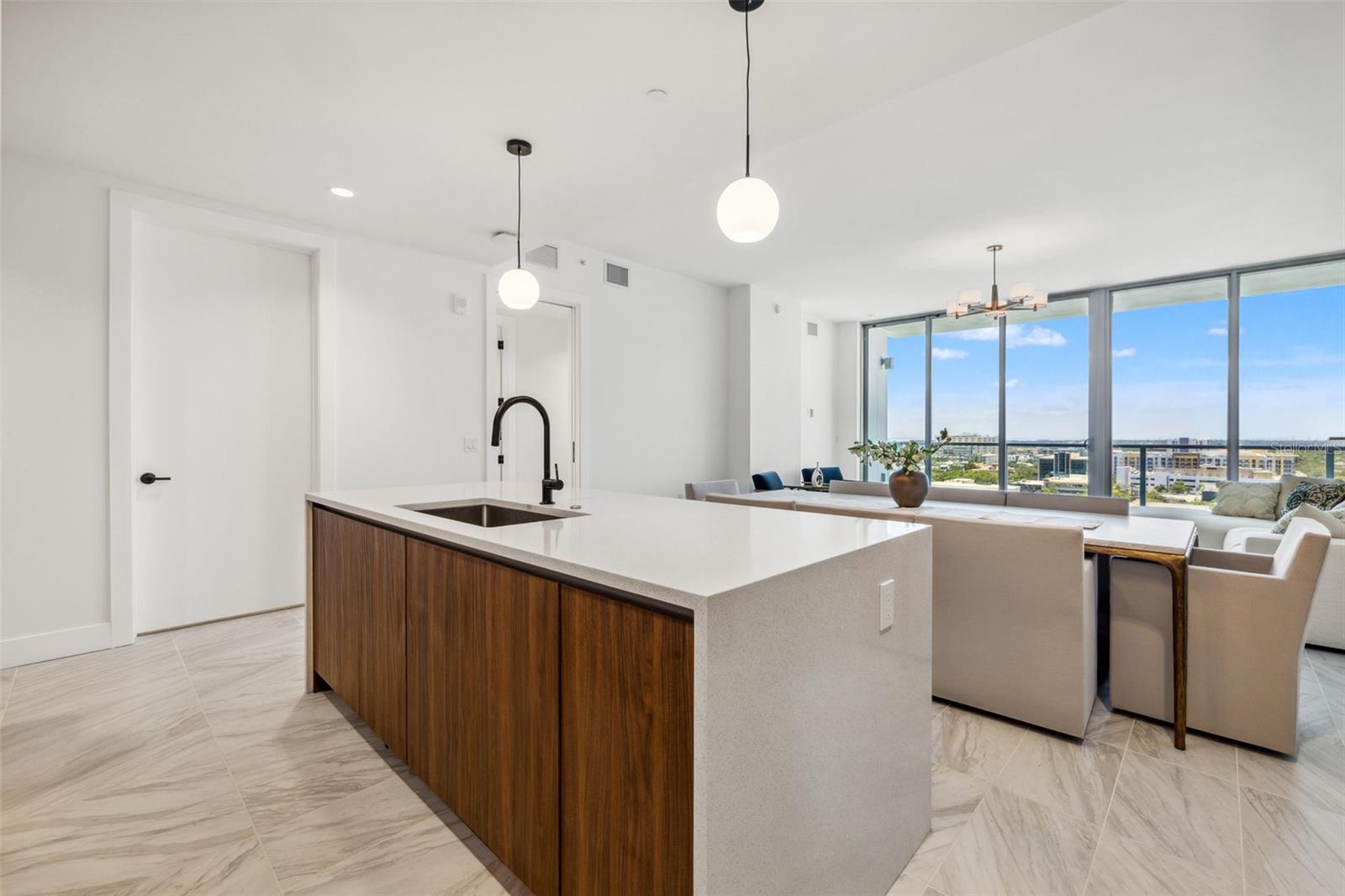 Quartz countertop with waterfall edges