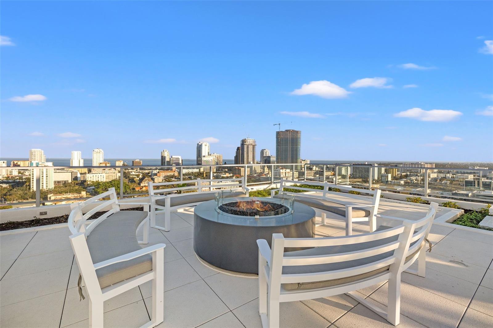 Rooftop fire pit overlooking Mirror Lake, downtown St. Pete and Tampa Bay