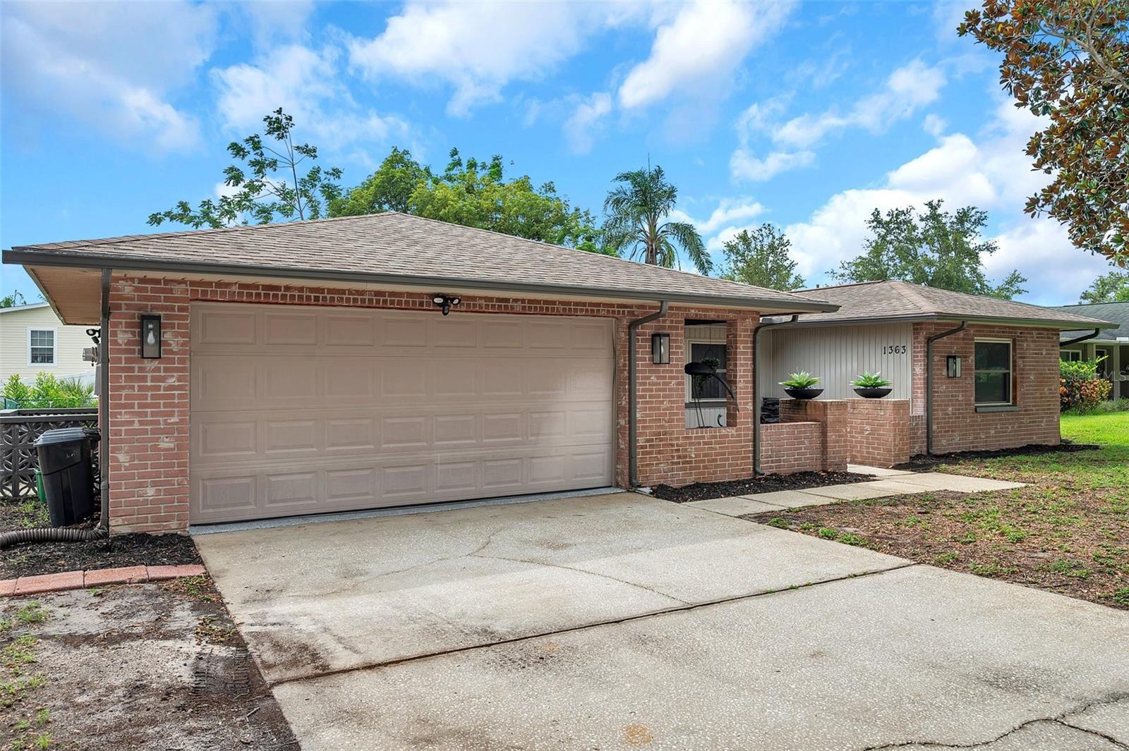 Front of house, two car garage
