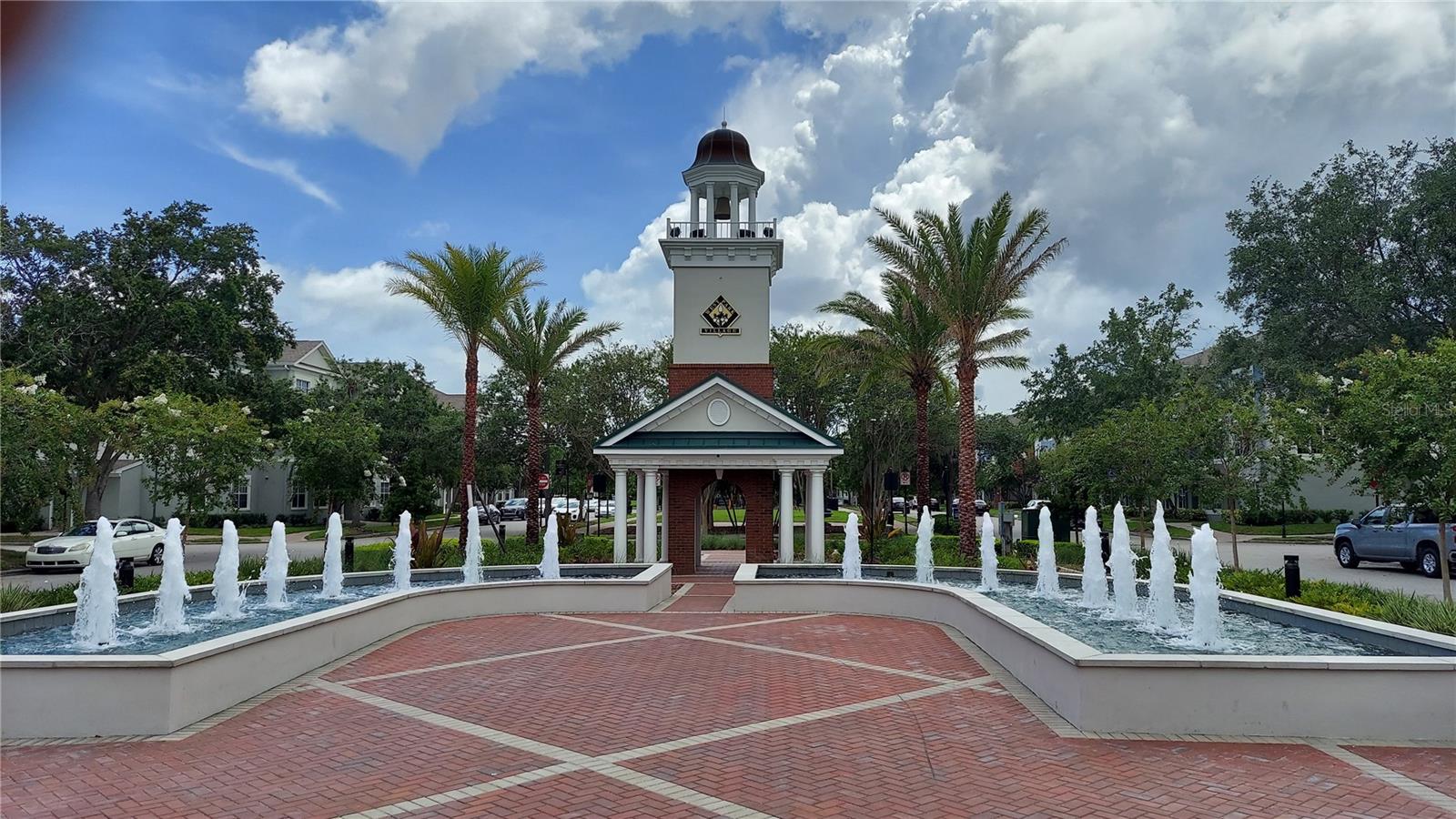 Clock tower and fountains