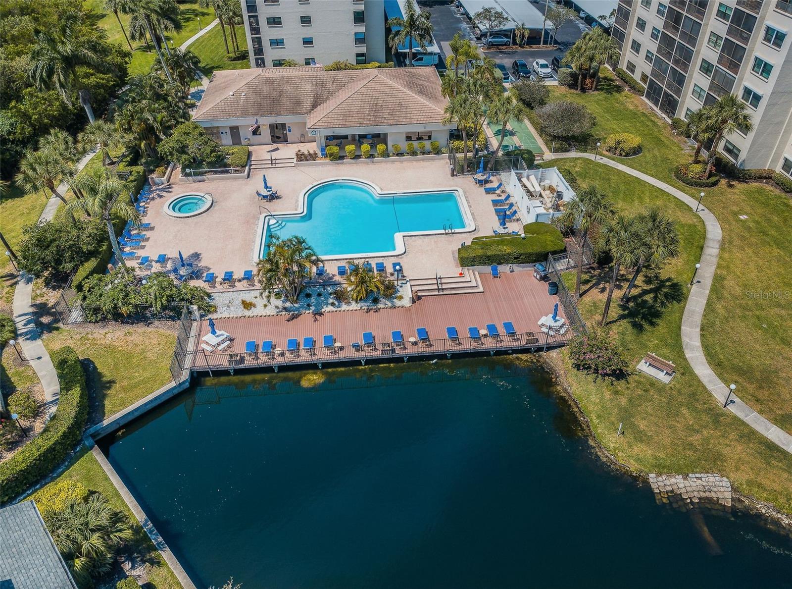 aerial of pool with spa and clubhouse