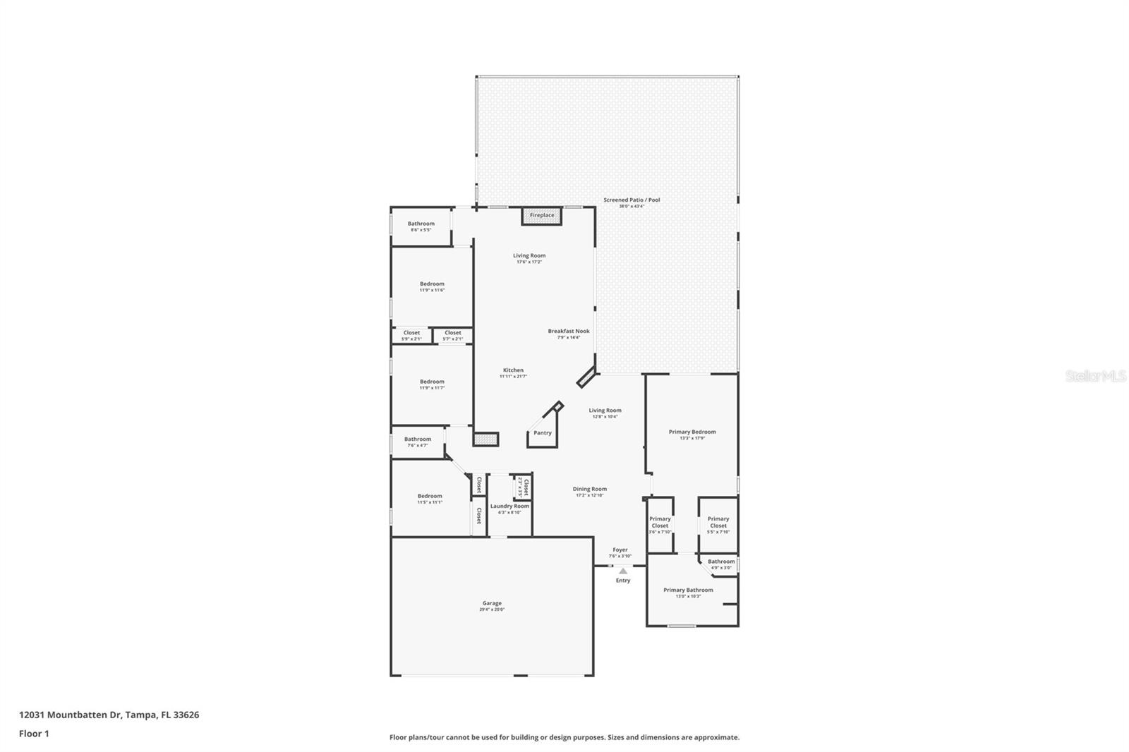 Floor plan of 4 bedroom 3 bathroom with 3 car garage