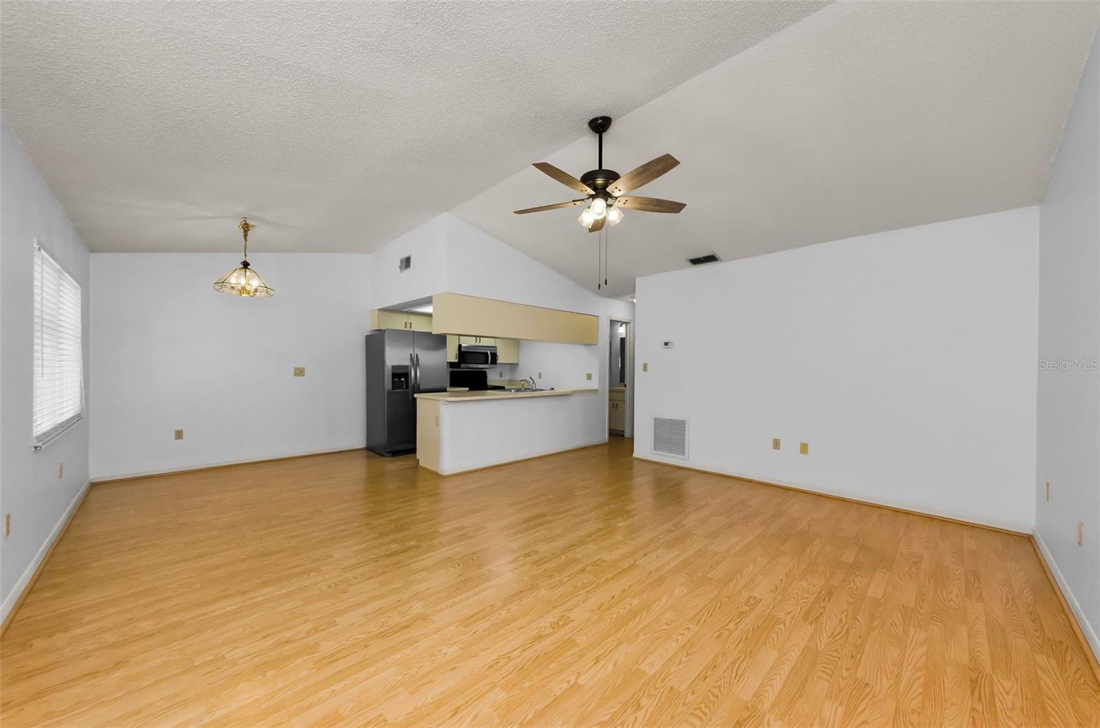 Open living, kitchen, and dining areas.