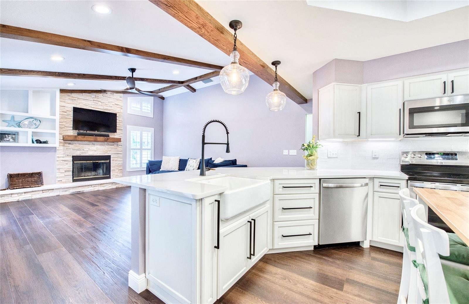 Kitchen/Great Room with coxy fireplace