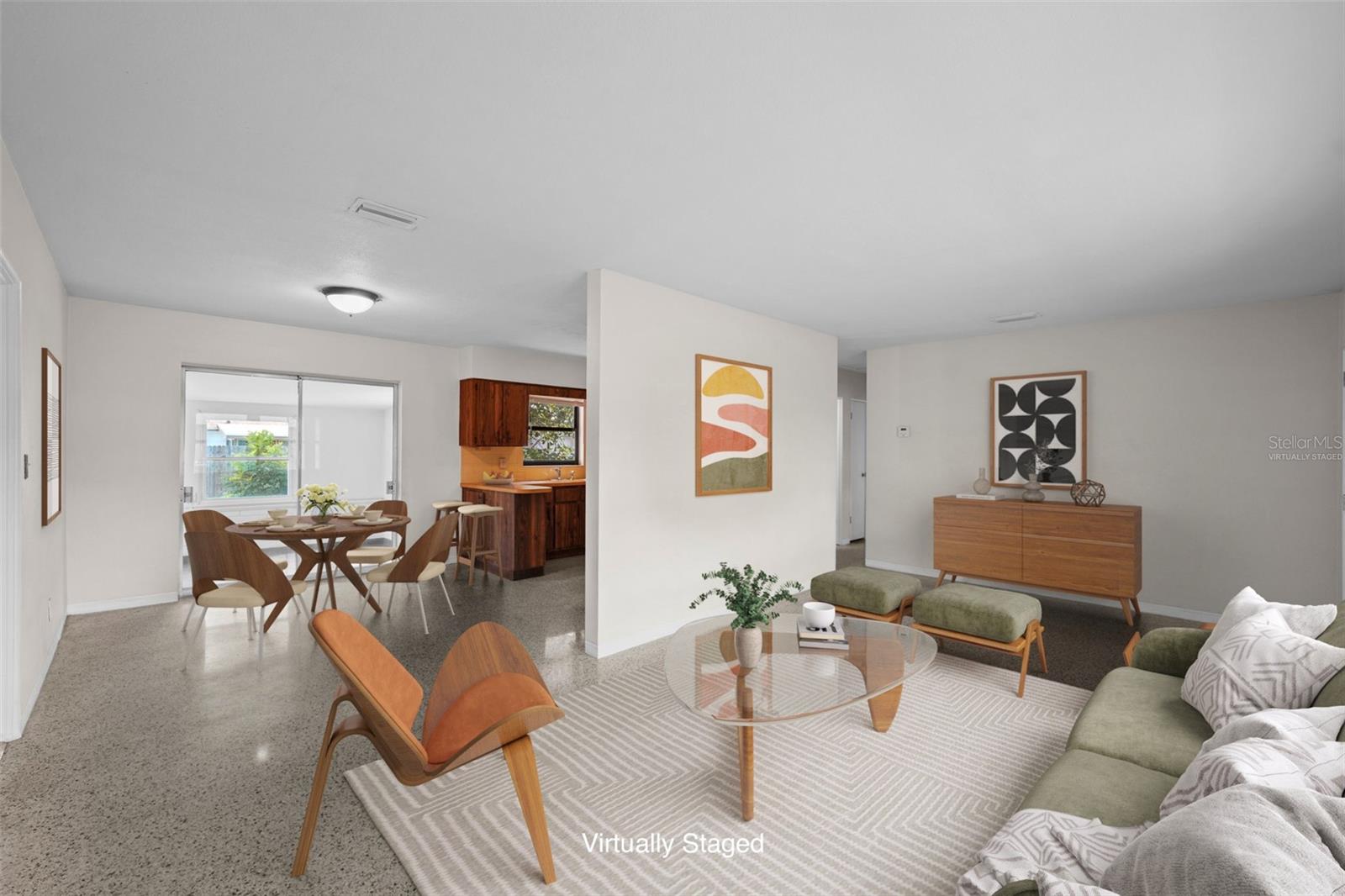 Virtually Staged living, dining and kitchen.