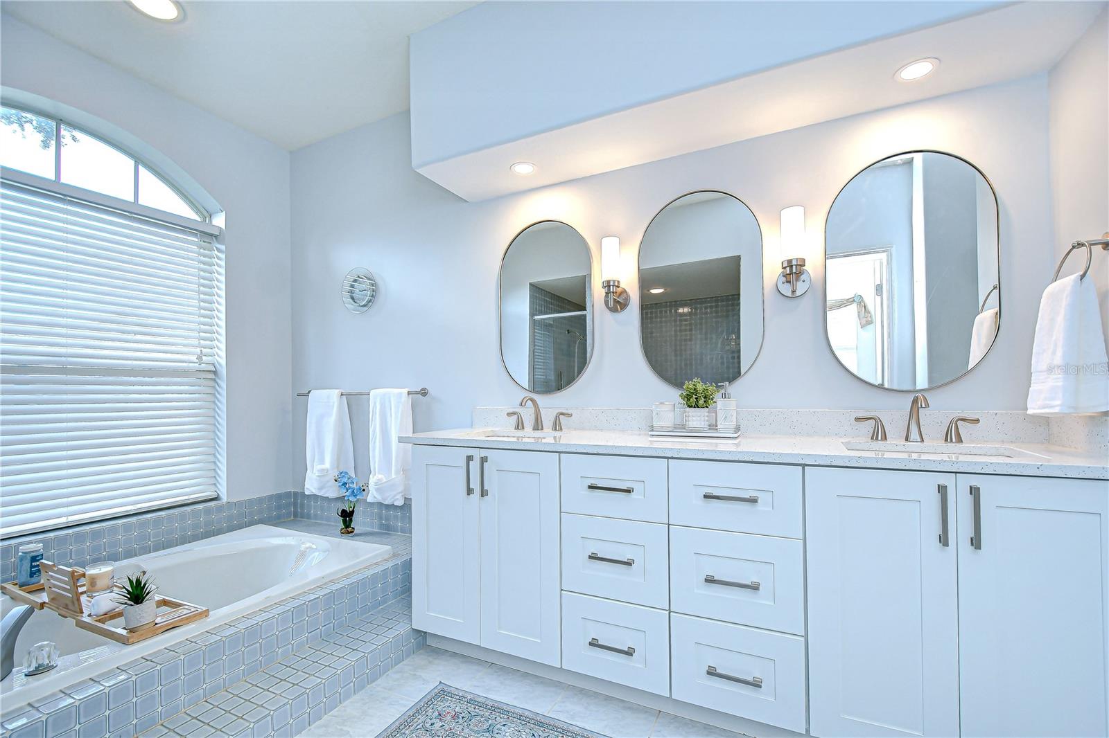 Primary Bathroom Double sinks New Cabinets, Quartz countertop.