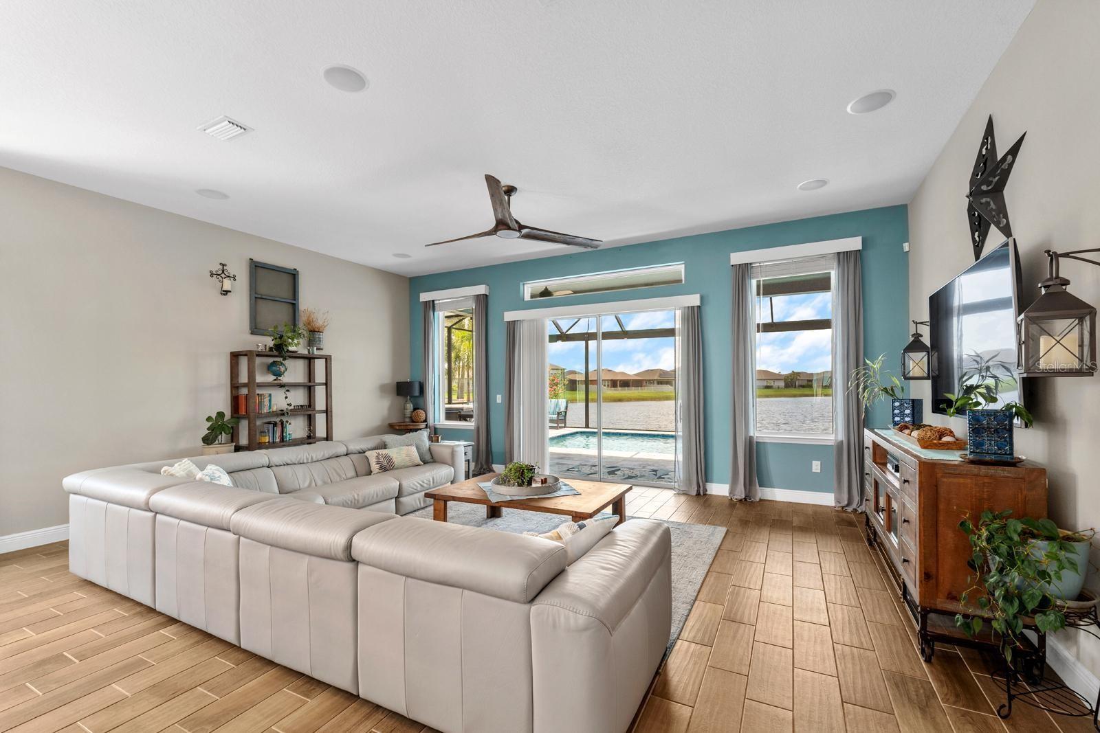 Great Room with sliders to pool.