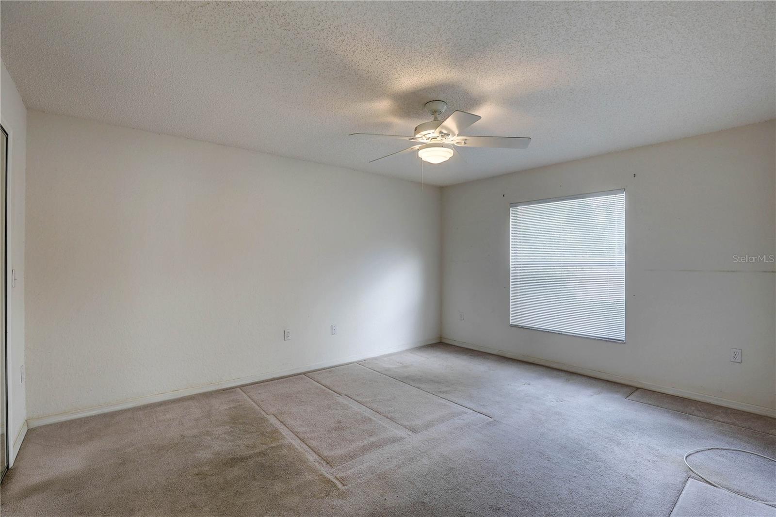 Primary bedroom with walk-in closet and ensuite bathroom to left of photo.