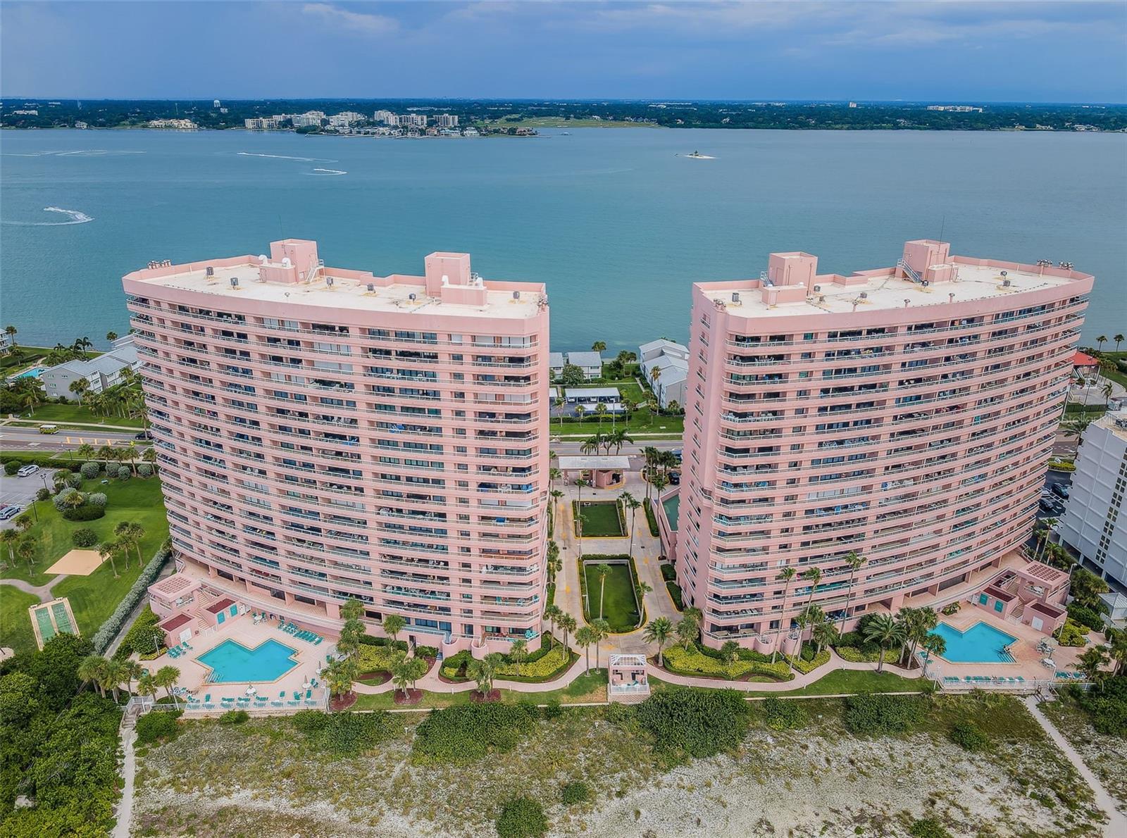 Aerial View of the Crescent Beach Club buildings 1 & 2 from the Gulf looking over the Intracoastal!