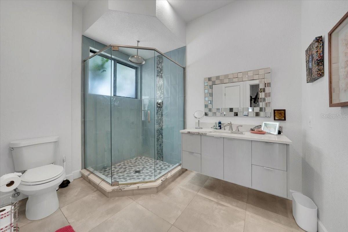master bathroom with glassed-in rainfall shower head. Floating vanity, linen closet.
