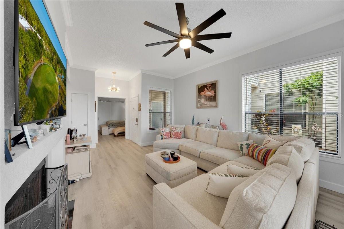 Through the front door you enter the living room, then have the option to go right to the Master bedroom with double doors