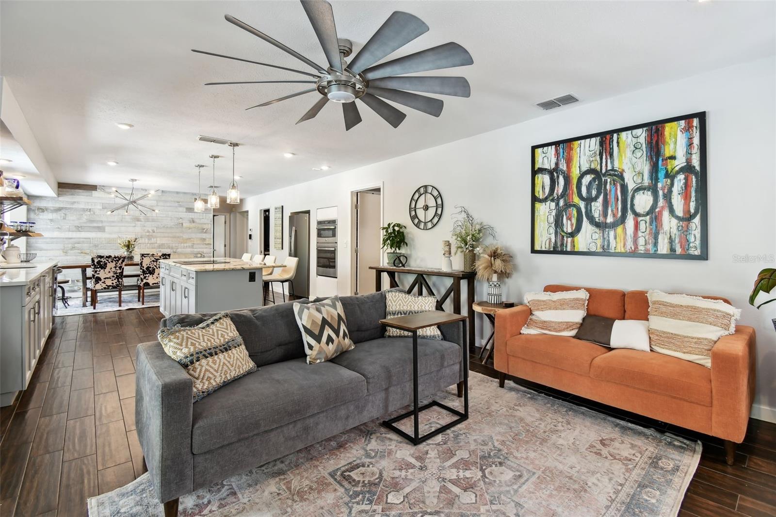 Designer light fixtures throughout.