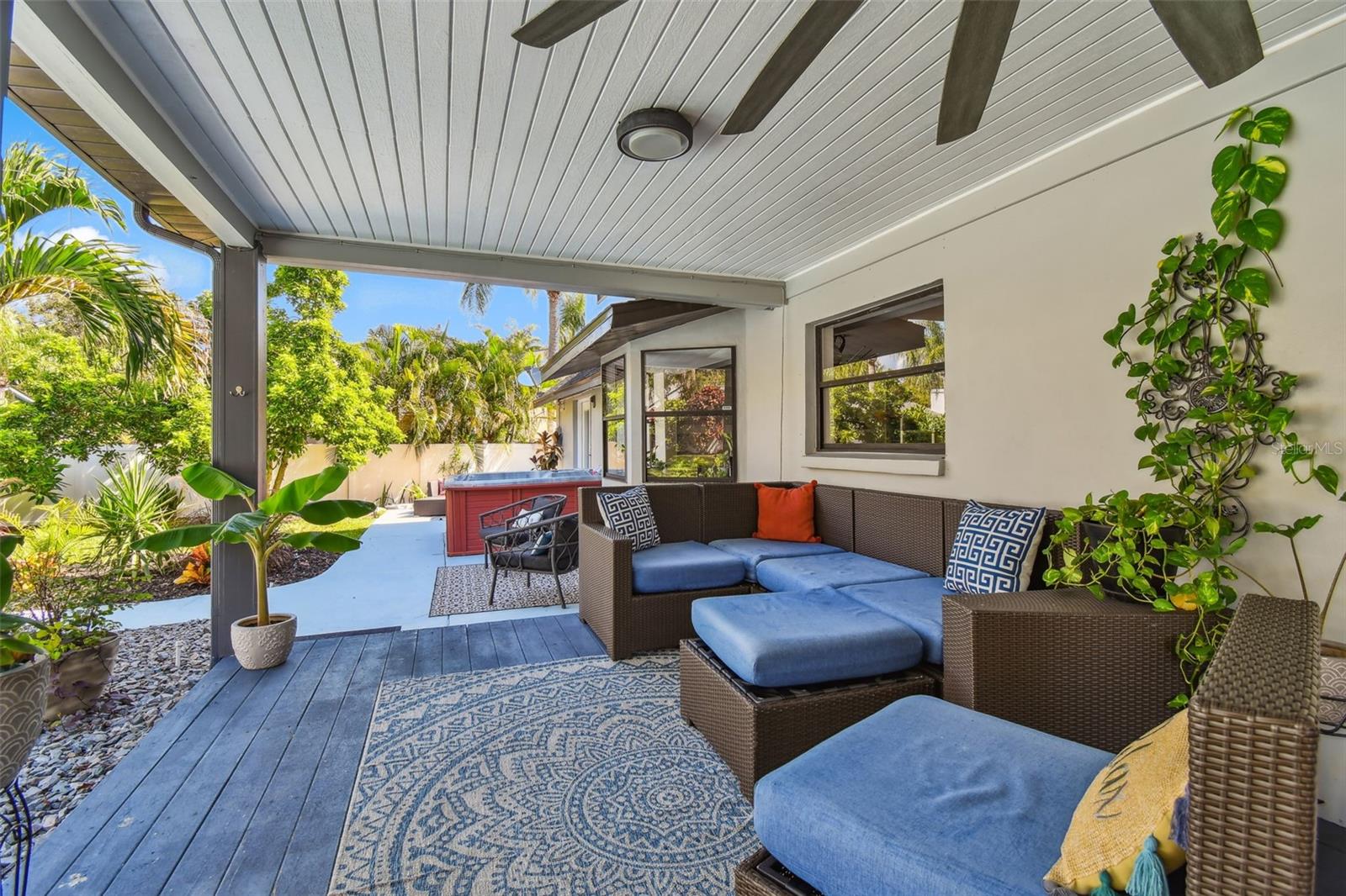 Comfortable, covered outdoor seating area.