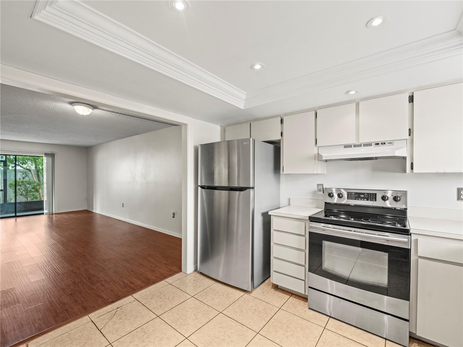 Kitchen transition to Great room and dining space