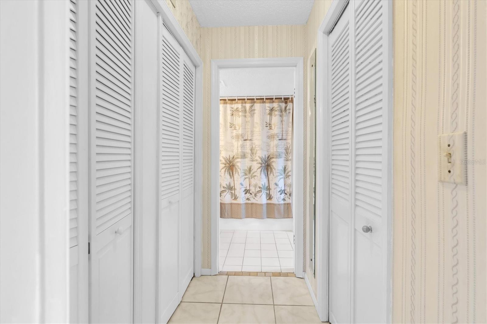 View looking into the en suite area with a walk-in closet, secondary closet, and full bathroom.
