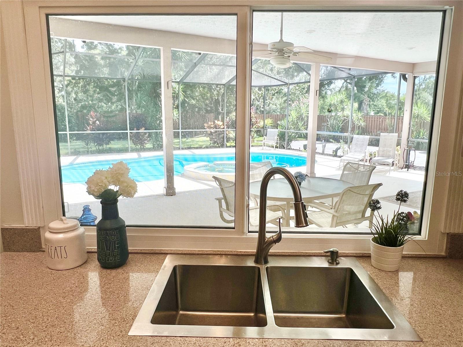 Standing at the kitchen sink, you can view the big beautiful lanai and pool and backyard!