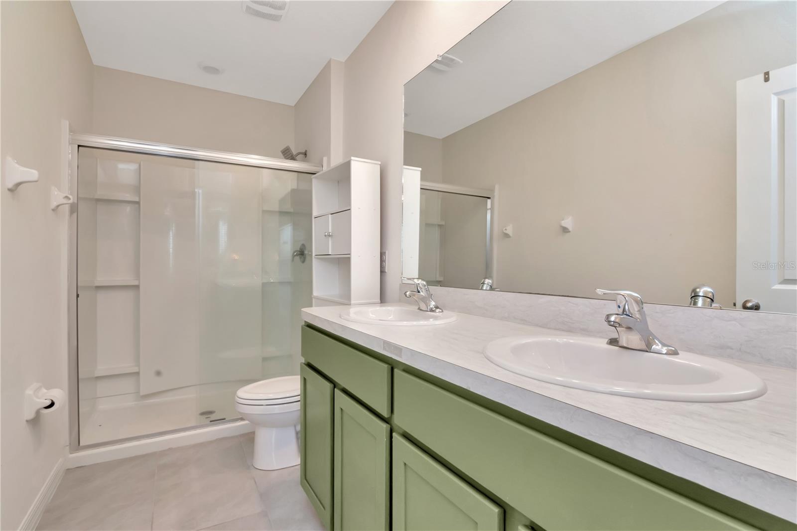 Primary Bath with dual Vanity, Glass Shower Door