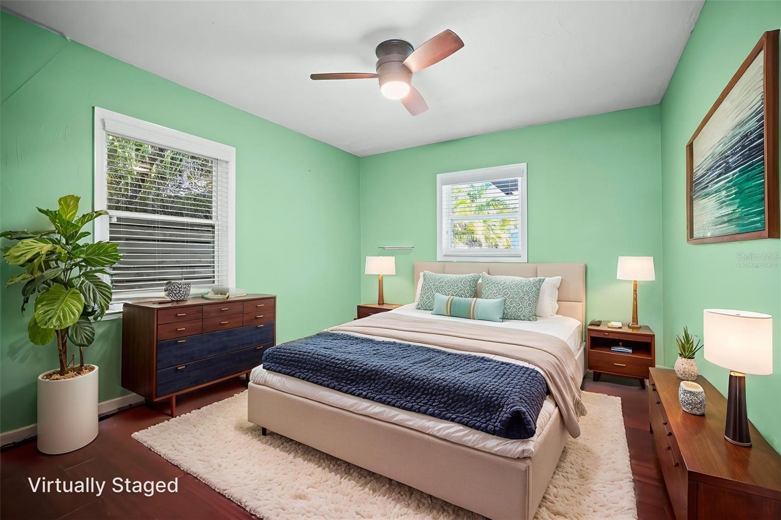 Virtually staged primary bedroom