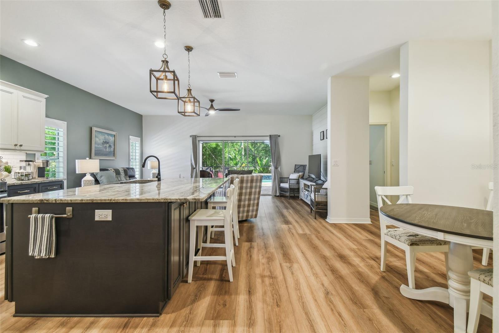 Kitchen overlooking the breakfast nook and living room