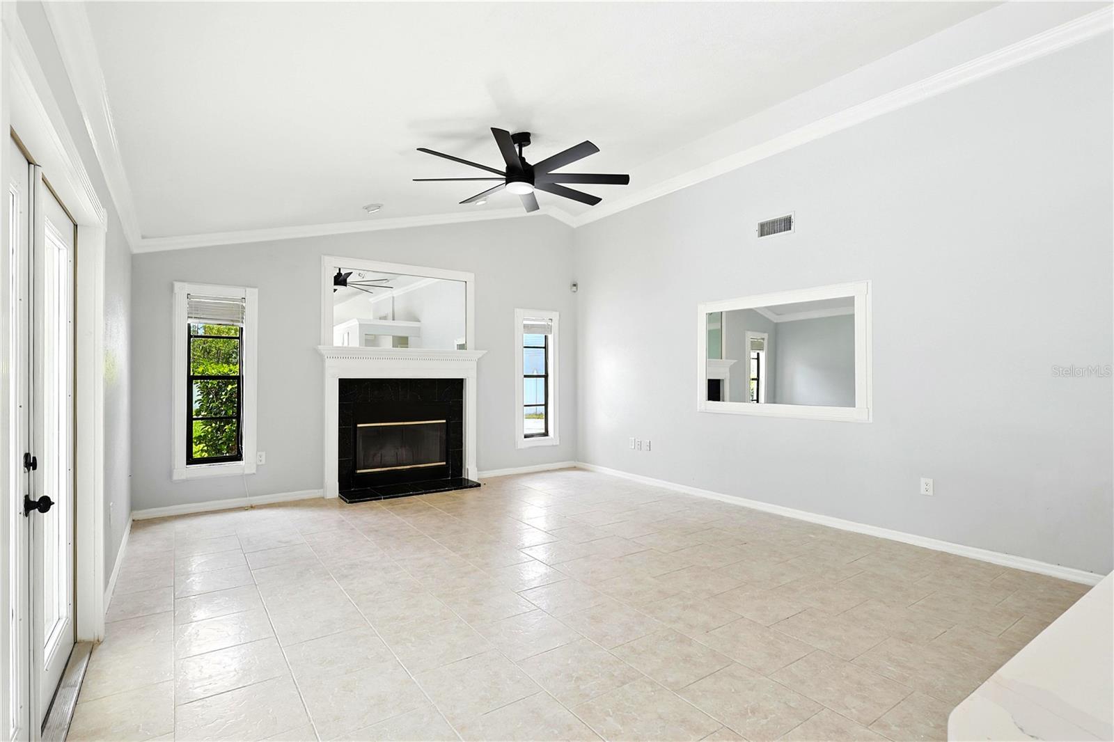 Family room with wood-burning fireplace