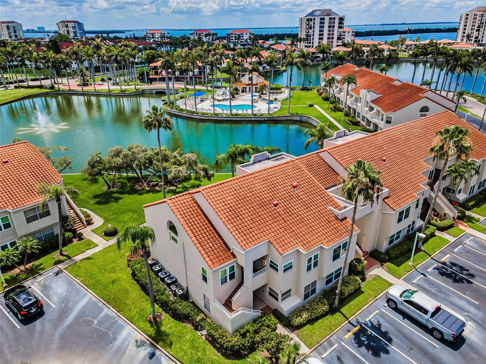 Aerial of the lush grounds, ponds and pools
