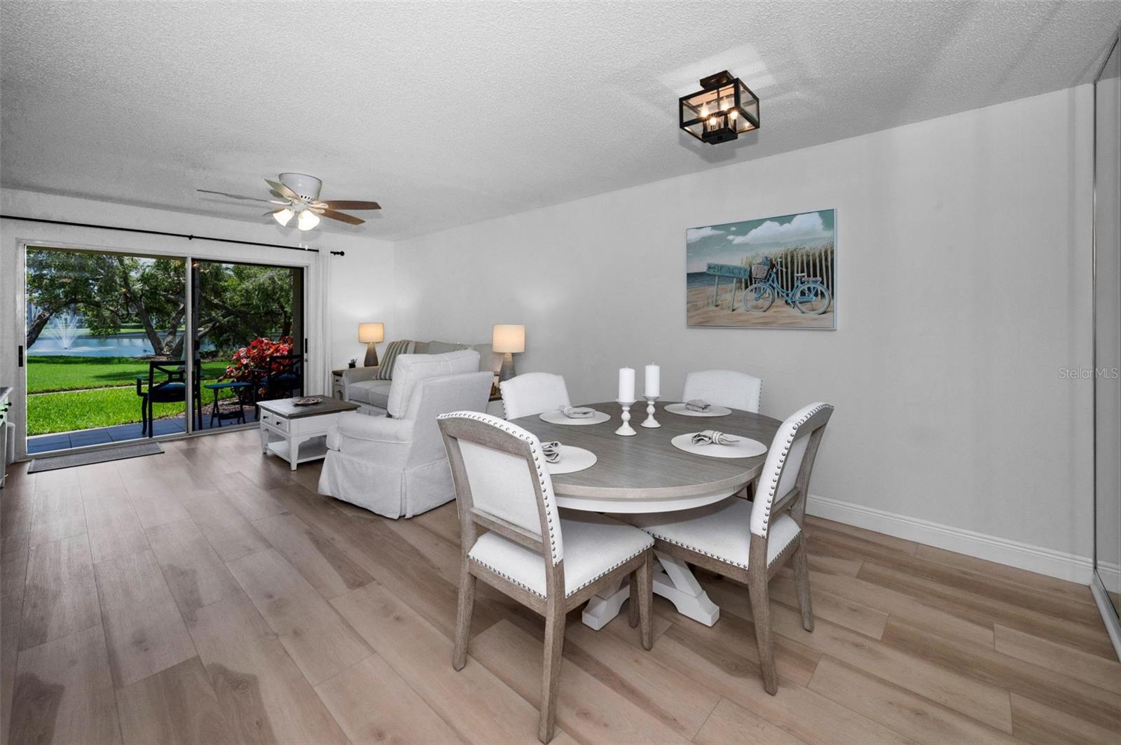 Tastefully decorated dining and living area.  Check out the view through the slider!