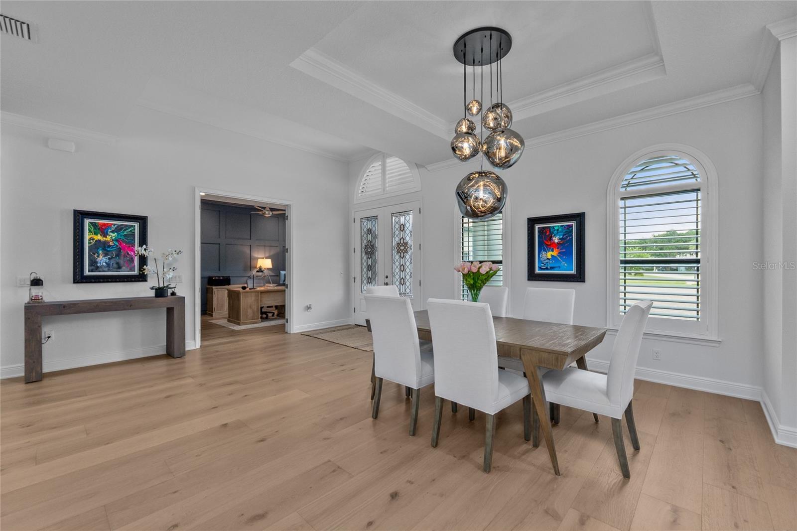 Dining room with custom chandelier