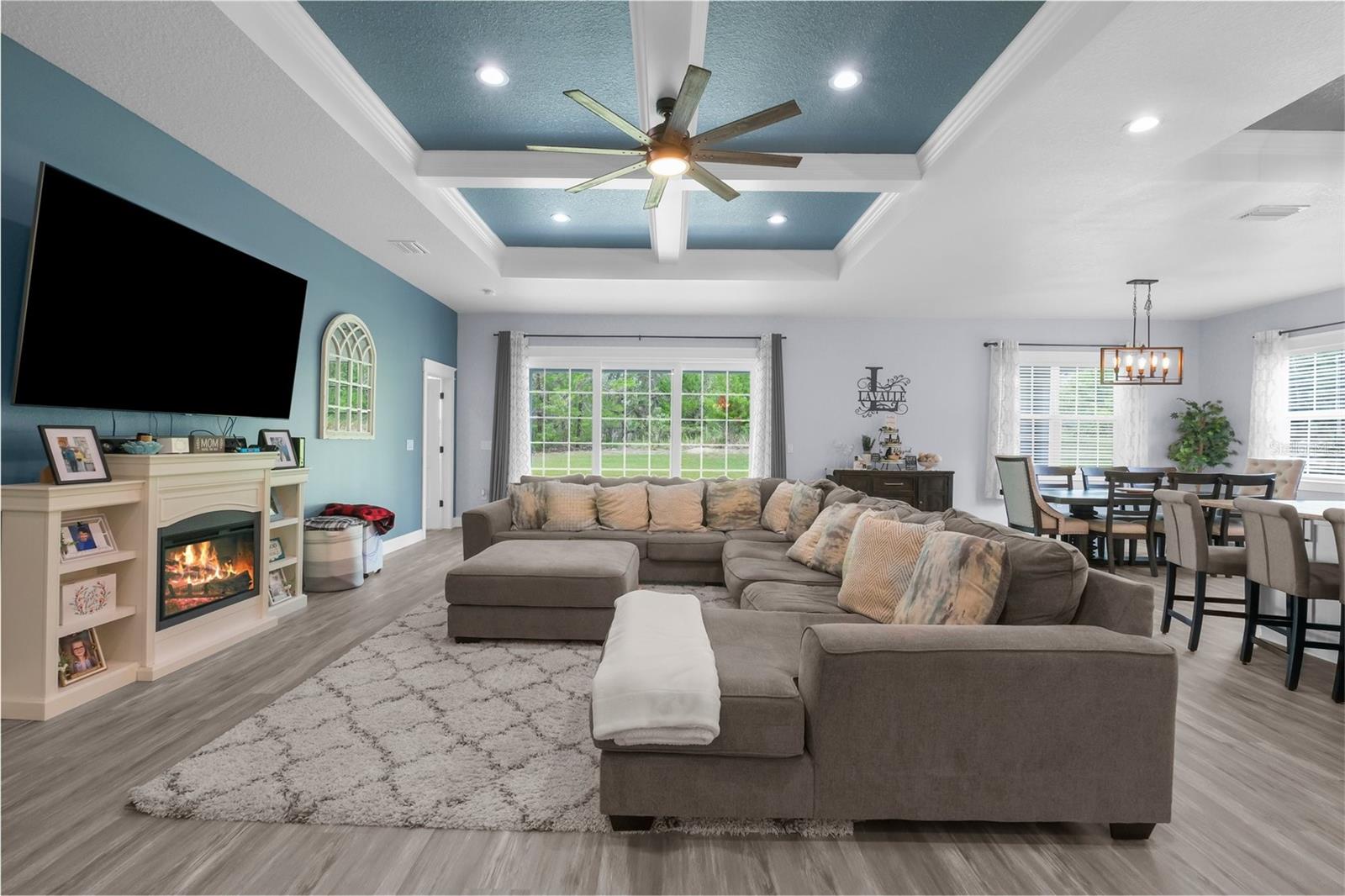 Open Floor Plan. Great Room with coffered ceilings.