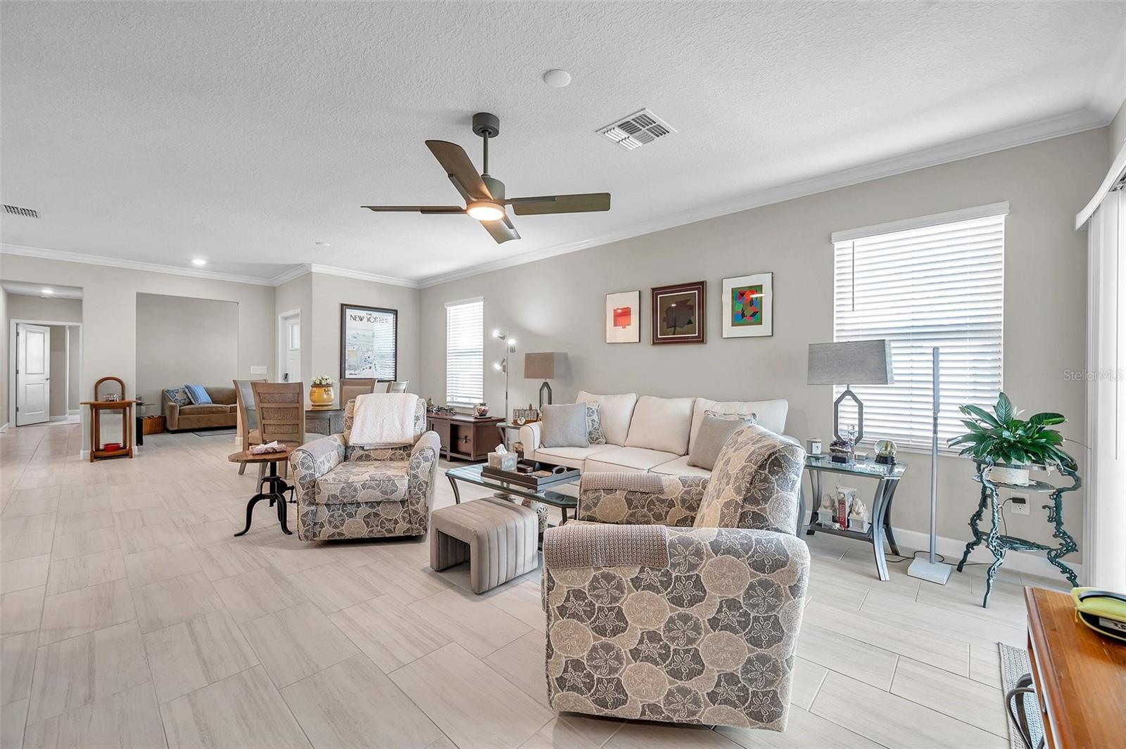 Shows the living room, dining room and the flex space