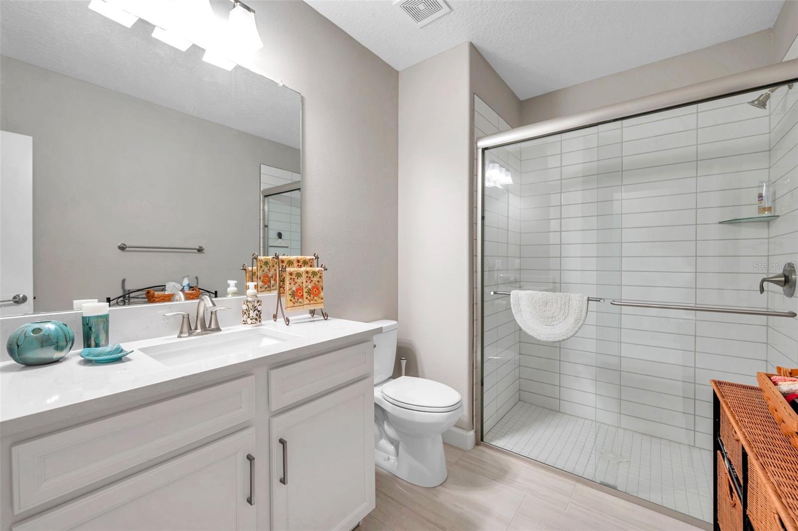 Guest/Hall bathroom with extra counter space, plenty of storage and a walk-in shower.