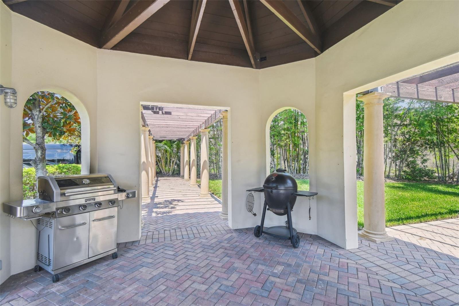 Covered portico for grilling.