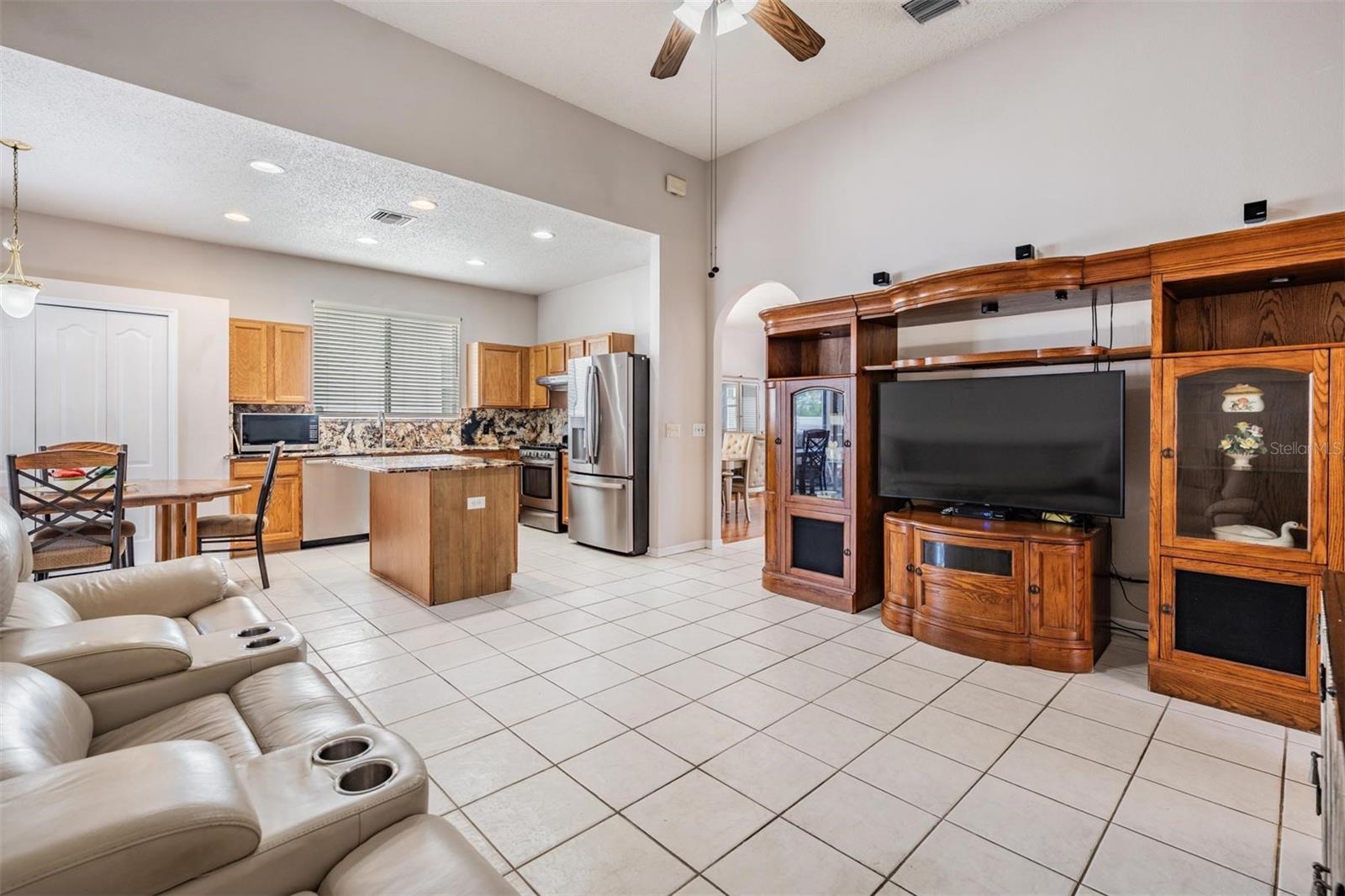 Family room views kitchen