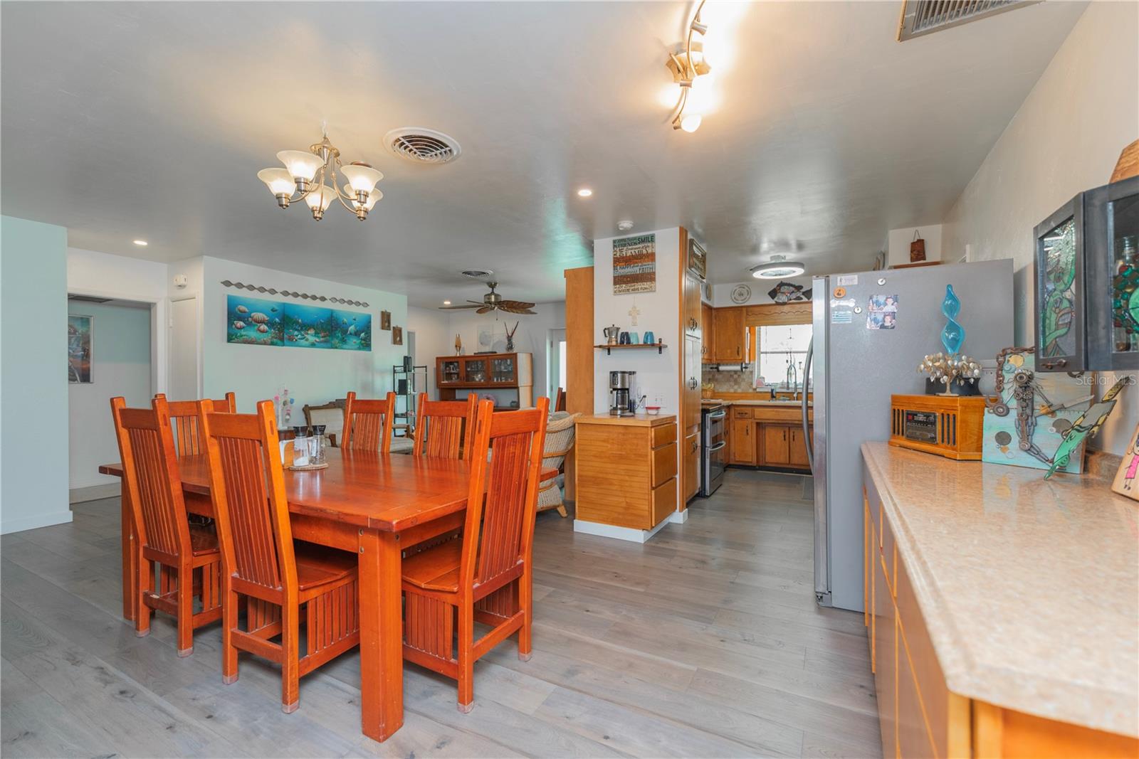 Dining room and kitchen.