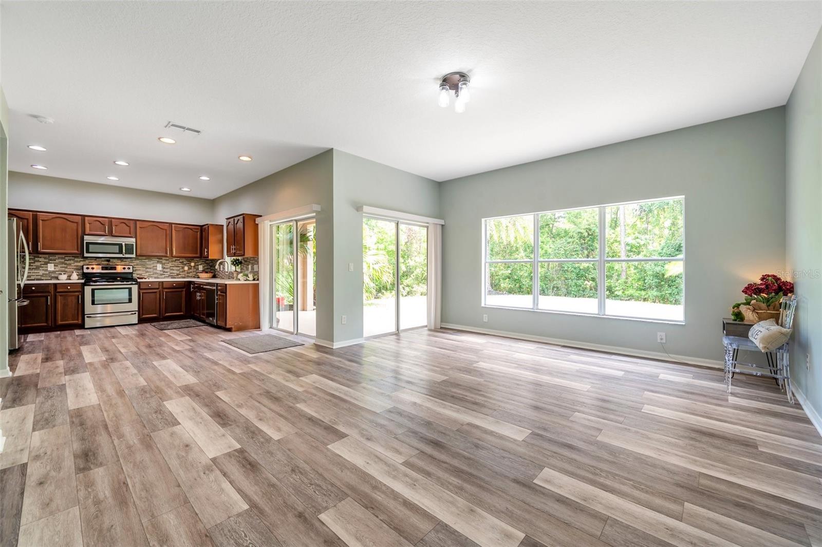View of the family room & kitchen