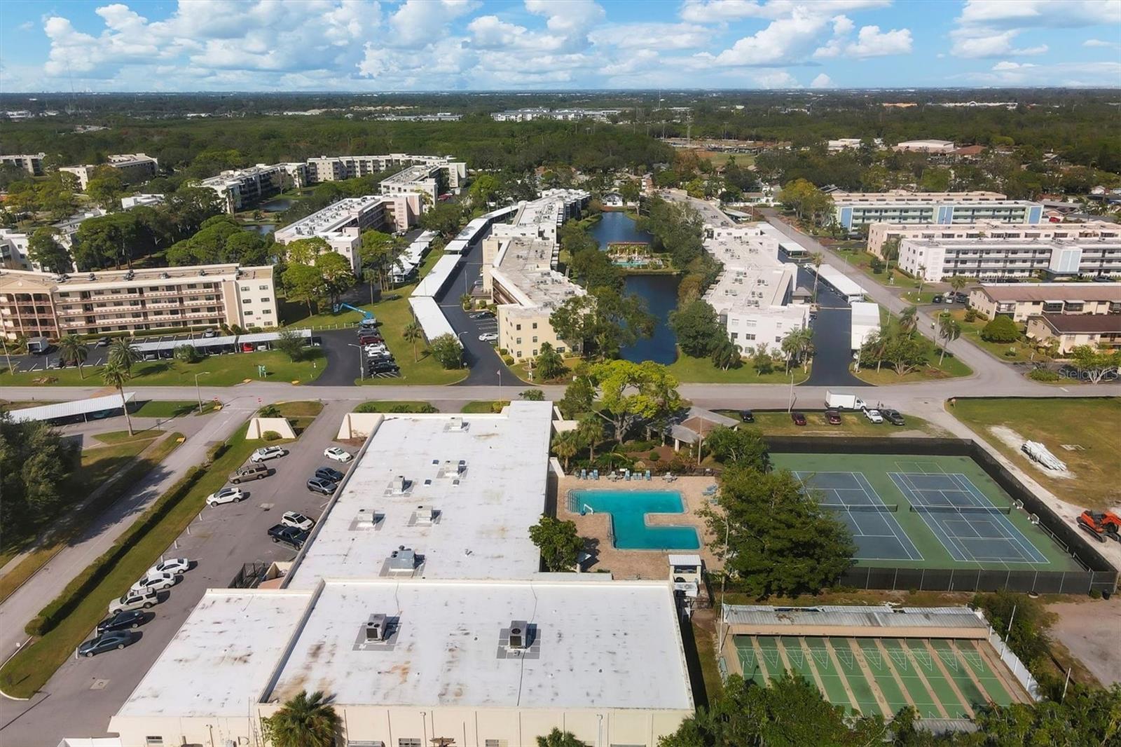 Ariel view of the shuffle boards and tennis courts.