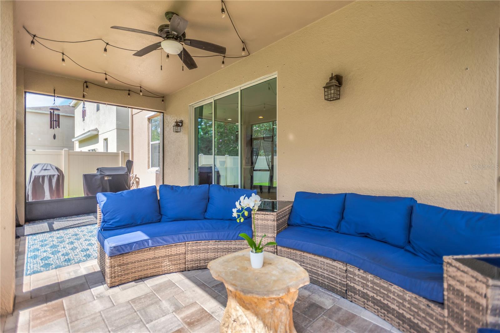 Large screened in lanai with fans and electrical.