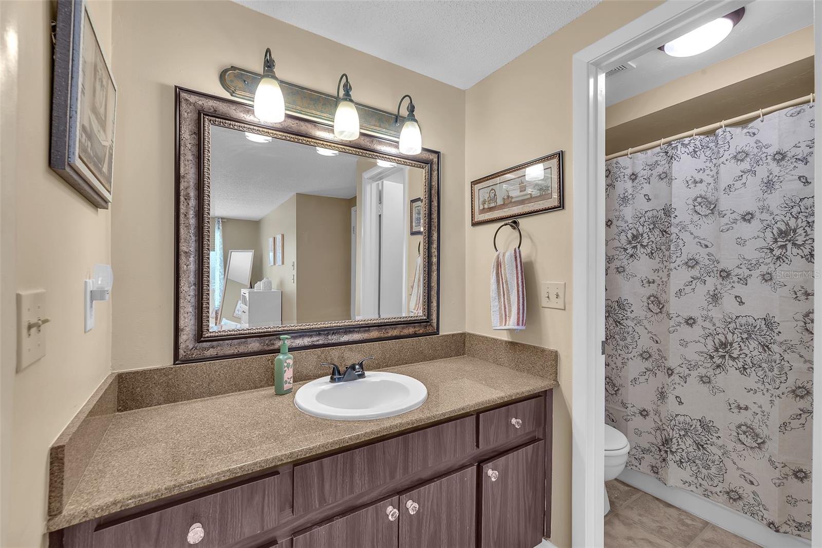 The primary ensuite has a tub/shower combination and a large vanity with one sink.