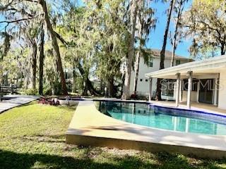 Pool and side yard with walk to dock